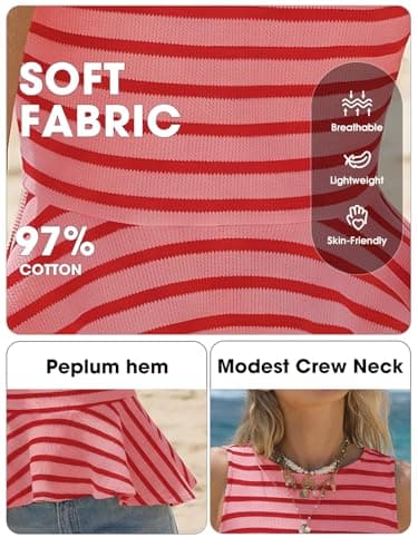 EXLURA Women Summer Tank Tops 97% Cotton Waffle Knit Peplum Top Sleeveless Crewneck Striped Ruffle Hem Business Casual Shirts Pink Red - Thumbnail 4