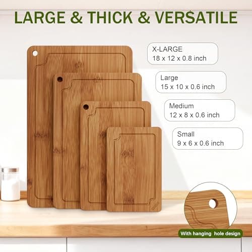 Bamboo Cutting Boards for Kitchen, Wood Cutting Board Set with Juice Grooves & Built-in Handles, Easy Storage & Clean Chopping Board for Meat, Vegetables, Fruit(4 Pcs) - Thumbnail 4
