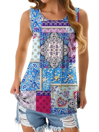 NORACORA Womens Summer Tank Tops Sleeveless T Shirt Casual Loose Fit Tunic Blouses Blue Blocks M - Thumbnail 4