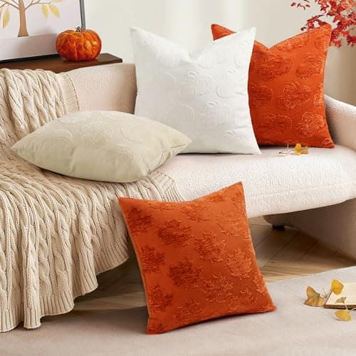 decorUhome Decorative Two Rust Pumpkins Thanksgiving Throw Pillow Covers 20x20 Set of 2, Soft Chenille Jacquard Farmhouse Textured Pillow Covers for Couch Bed Sofa Autumn Harvest Halloween Holiday - Thumbnail 6