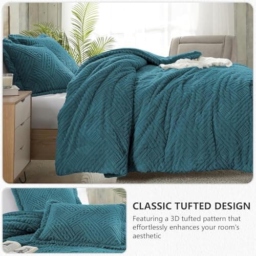 Homelike Moment Fluffy King Size Comforter Set - Teal Blue Fleece Warm Marshmallow Comforter for Winter, Luxury Fuzzy Sherpa King Bed Set 3 Piece - Thumbnail 3