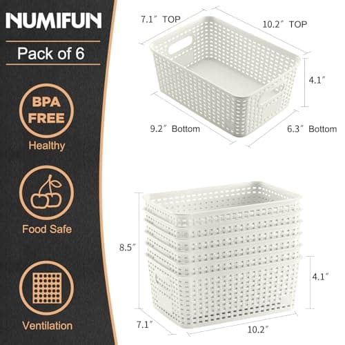 Plastic Storage Baskets 6 Pack Sturdy Storage Organizer Basket Woven Plastic Storage Bins for Shelves,Closet,Countertops, Desktops, Cabinets and Badrooms,Saving Storage, Stylish Design,White - Thumbnail 2