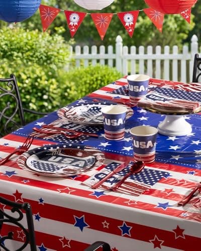 Goodluck 4th of July Plates and Napkins Set, Patriotic Disposable Paper Plates Cups Napkins Tablecloth Banner, Serves 30 Guests, Red White Blue Party Supplies for Independence Day BBQ Picnic - Thumbnail 5
