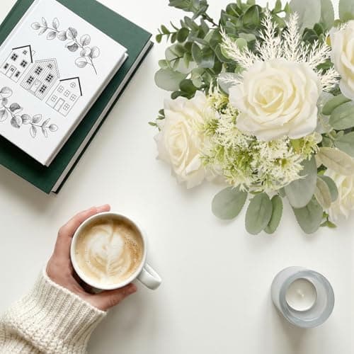 HOHOTIME Artificial Flowers with Vase, White Silk Roses Fake Flower Arrangement with Eucalyptus, Faux Plant Vase for Home Office Dining Table Centerpiece Coffee Table Decor Farmhouse Decoration - Thumbnail 6