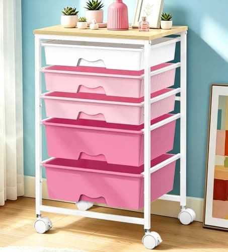 SUNALLY Rolling Storage Utility Cart with 5 Drawers, 5 Tier Rolling Cart with Wooden Tabletop and 2 Lockable Wheels, Storage Drawer Cart for Craft Art Supply Storage & Home Office Organization, Pink - Image 1