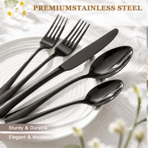 Astercook 24-Piece Black Silverware Set with Steak Knives Flatware Set for 4 Food-Grade Stainless Steel Cutlery Set Mirror Polished Utensils Set Include Spoons and Forks for Home Kitchen Restaurant - Thumbnail 3