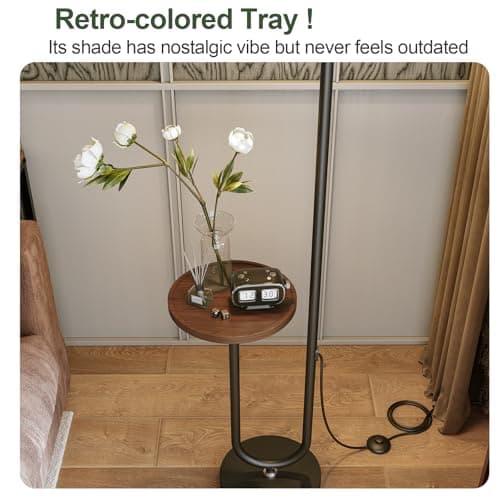 Floresita 62.9" Floor Lamp with Table Brown, Black Lampshade Vintage Standing Lamp with Tray Foot Switch, 3 Color Temperatures LED Bulb Included, for Living Room, Bedroom - Thumbnail 2