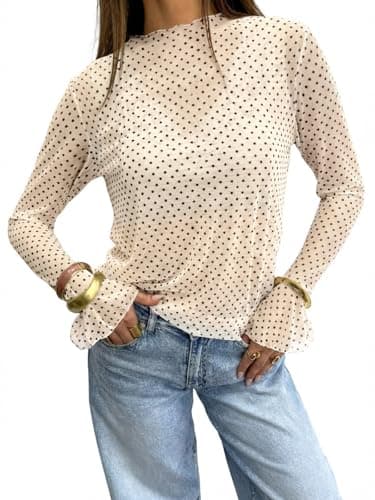 Tankaneo Womens Mesh Polka Dot Tops Bell Sleeve High Neck Summer Casual Blouse Trendy Loose Fit Y2K Going Out Tee Shirts Off-White - Image 1