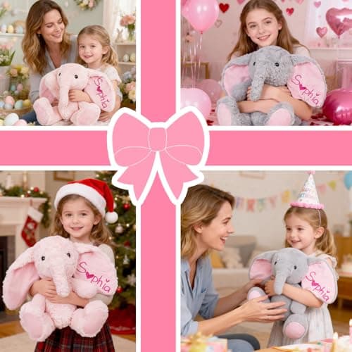 Personalized Elephant Stuffed Animal, Custom Elephant Plush with Embroidered Name, Toys for 1 2 3 Year Old Baby Girls Boys, Customized Christmas Birthday Gifts for Infant Toddler Newborn (Elephant) - Thumbnail 3