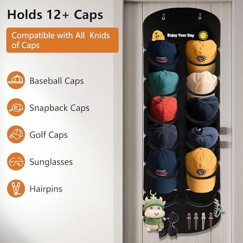 ViKiulen Hat Organizer for Baseball Caps, Over The Door Cap Organizer Cap Hat Holder with 12 Deep Clear Pockets, Hat Storage to Protect and Display with 2 Hook - Thumbnail 2