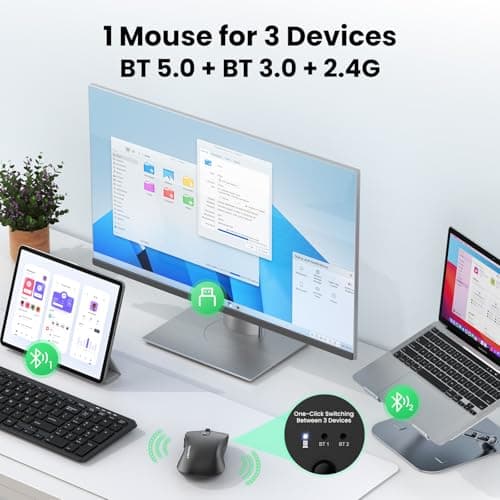 TECKNET Rechargeable Bluetooth Mouse, [ USB + BT5.0 + BT3.0 ] Wireless Mouse, Ergonomic Design, Silent Click, 6-Level 4800 DPI Wireless Mice, 3-Device Switching for Laptop, Computer, MacBook（Black） - Thumbnail 2