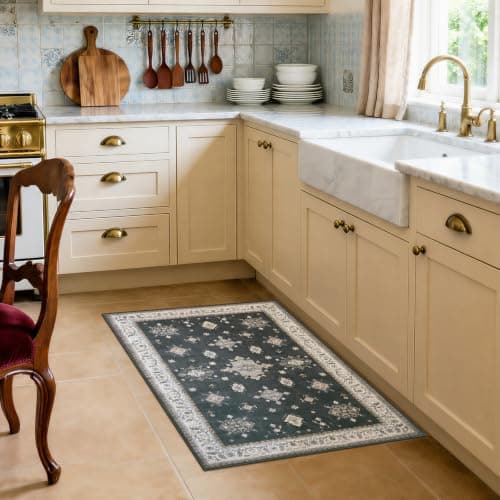 2'x3' Washable Area Rug Non-Slip, Vintage Floral Medallion Distressed Entryway Kitchen Bathroom Mat, Soft Low Pile Indoor Floor Carpet for Hallway Laundry, Navy Blue & Ivory Vintage - Thumbnail 3