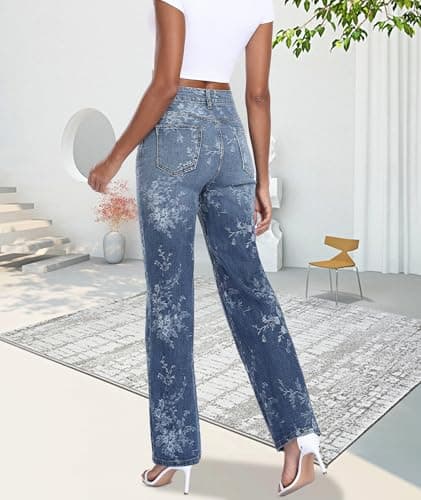 MARIASHA Jeans for Women New Flared Leg Stretch High Wasited Printed Pocket Pants Embroidery Print Blue 3XL - Thumbnail 5