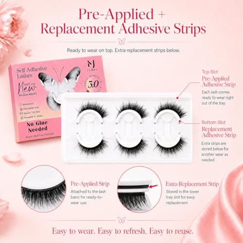 JoMay Self Adhesive Eyelashes No Lash Glue Needed Reusable Up to 5x Natural Strip Lashes 3D Super Fluffy False Eyelashes Easy to Apply & Remove Full Bouncy Volume & Curl 3 Pairs(Dream Girl) - Thumbnail 5