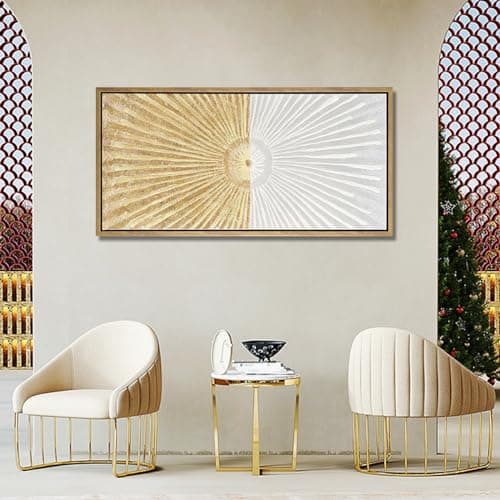 20"x40" Framed Canvas White and Gold Wall Art Symmetrical Line Abstract Modern Wall Decor Art for Living Room Bedroom Bathroom Office Wall Decor - Thumbnail 3