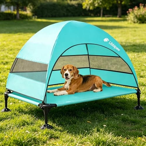 Libbipaw Windproof Elevated Dog Bed with Canopy & Stakes, 3-Sided 90% UV Block, Chew-Proof Teslin Mesh Mat for Large Dogs up to 150lbs(Blue Large) - Image 1