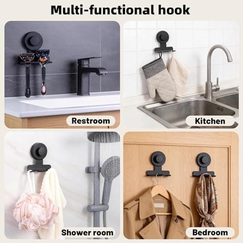 Supopular Suction Cup Razor and Shaver Holder for Shower, Heavy-Duty Stainless Steel No-Drill Bathroom Wall Hook for Towel, Loofah, Damage-Free and Reusable, Easy Install and Remove (2, Matte Black) - Thumbnail 3