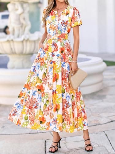 BTFBM Womens Summer Floral Maxi Dresses V Neck Short Sleeve Boho Casual Flowy Long Wedding Guest Dress Beach Vacation(Floral Multicolored, XX-Large) - Thumbnail 2