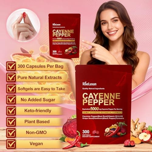 RiseLuxun 12-in-1 Cayenne Pepper Capsules Supplement*, 5000mg Per Serving Containing | Vitamin D3 K2+E & Extracts of Grape Seed, Hawthorn, Beetroot, Berberine Other Extracts - Thumbnail 5