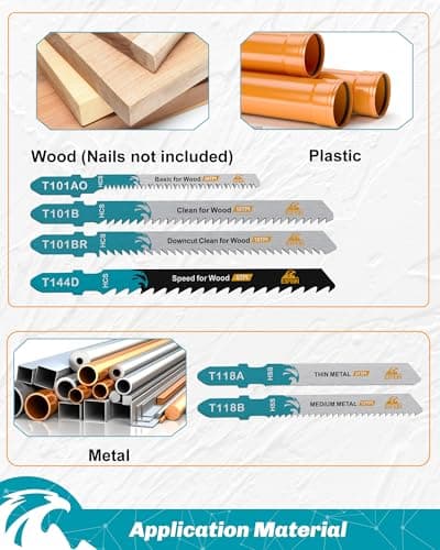 EXFEIN 50-Piece Jigsaw Blades for Metal and Softwood Plywood, T-Shank Jig Saw Blades for Professional Accessory Jigsaw (T118A,T118B,T101AO,T101B,T101BR,T144D) - Thumbnail 6