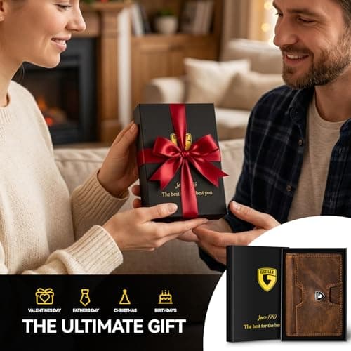 GSOIAX Slim Top Grain Premium Crazy Horse Leather Wallet for Men Bifold Handcrafted Vintage 13 Card Slots & 1 Bill Compartment RFID Blocking, Front Pocket Credit Card Holder with Gift Box (Red-brown) - Thumbnail 6