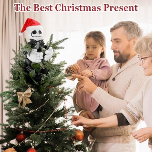Tree Topper Decorations for Halloween and Christmas, Cute Plush Jack Huggers with Santa Hat, Poseable Handmade Tree Topper Party Decor - Thumbnail 2