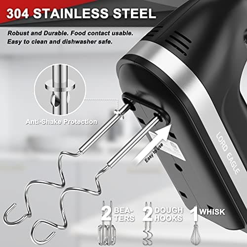 Lord Eagle Hand Mixer Electric Handheld 400W, 5-Speed Lightweight Kitchen Mixer with Storage Case, 5 Stainless Steel Attachments for Baking Cake Egg Cream Food Beater, Turbo+Eject Button, Black - Thumbnail 2