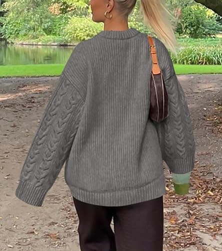 Okiwam Women's Oversized Sweaters Crewneck Cable Knit Pullover Casual Loose Fall Outfits Spring Fashion Clothes 2026-S Grey - Thumbnail 3