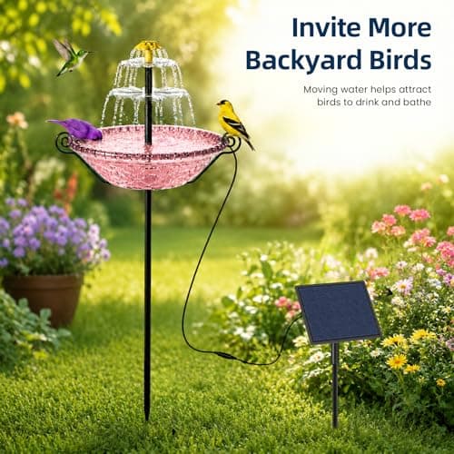 Bird Bath for Outside with Solar Fountain, Plastic Bowl on Metal Stake and Ground Stand, Freestanding Garden Accent for Yard and Patio (Pink(L)) - Thumbnail 3