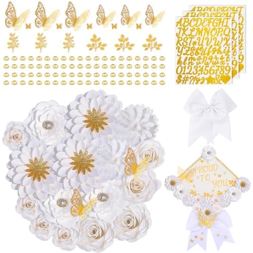 Mverse White Graduation Cap Decorations - 3D Rose Flowers & Gold Butterflies for Grad Cap Topper - DIY Flower Stickers, Glitter Letters & Pearls for Crafts & Shadow Box - Image 1
