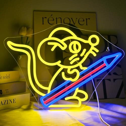 NXYX Pencil Neon Sign for Wall Decor Pencil Mouse School Neon Light Back To School Gift Back To School Gift USB Powered Led Light for Classroom Kidroom Dorm Wall Bookshelf Decor 11.8"*16.5"