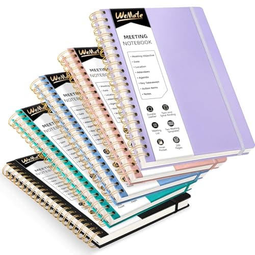 WEMATE 5 Pack Meeting Notebooks for Work（7"x10"） 200 Pages, PU Leather Notebook with Action Items & Note, For Staff & Students, Meeting, Projects Planning- Light Purple, Blue, Rose Gold, Green, Black - Image 1
