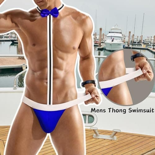 Avidlove Men's Sexy Mankini Thong Swimsuit Suspender Swimwear Mens Low Rise Lingerie with Bow Tie Blue X-Large(Refer to the updated sizes) - Thumbnail 4