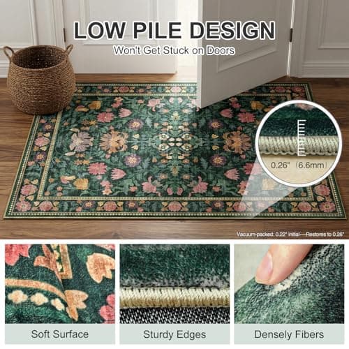 Cnythlis 9'x12' Washable Non-Slip Extra Large Living Room Rug, Vintage Botanical 0.26" Low Pile Faux Wool Soft Water Resistant Carpet, Dark Green - Thumbnail 3