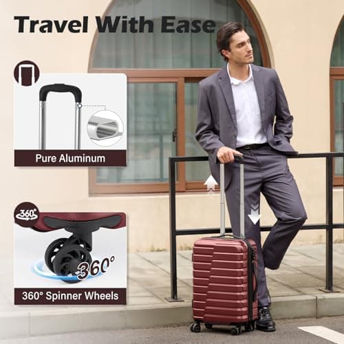 Coolife Luggage Sets, 3 Piece Hard Shell Suitcase Set with Spinner Wheels, Expandable Large Checked Luggage, Lightweight Rolling Carry On with TSA Lock Wine Red - Thumbnail 4