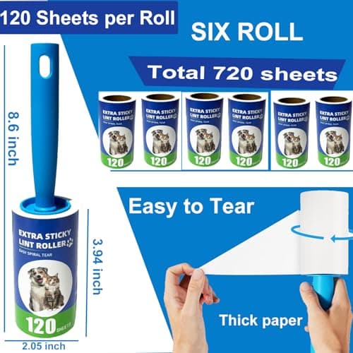 Lint Rollers for Pet Hair Extra Sticky- Lint Brush for Clothes, Furniture, Carpet,Car, Floor,Bed-Pet Hair Roller for Dog Cats Hair Removal- Reusable Handle and Refills (Large(2 Handle+ 6 Refills)) - Thumbnail 2
