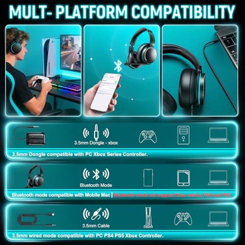 YPBDAN MD33 Wireless Gaming Headset for Xbox Series X|S, Xbox One, PS5, PC – 60H Playtime Bluetooth Headphones with Noise Canceling Mic, 3D Surround - Thumbnail 5
