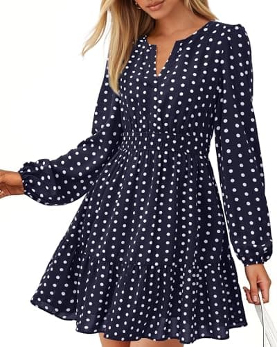 BTFBM Spring Dresses for Women 2026 Mini Long Sleeve Elastic Waist Summer Vacation Outfits Floral Wedding Guest Dress(Dot Navy White, XX-Large) - Image 1