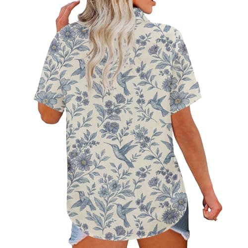 Chicwave Womens Button Down Shirts Blue Bird Floral Short Sleeve Summer Camp Shirts V Neck Blouses Dressy Casual Work Office Vacation Tops - Thumbnail 5
