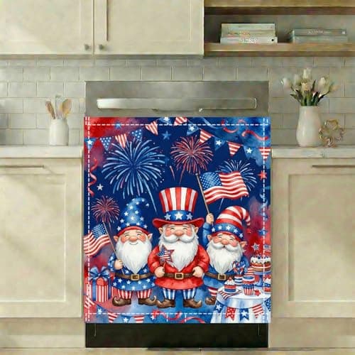 4th of July Decorations Dishwasher Magnet Cover 23"x26" - Fireworks Party Gnomes Kitchen Decor - Patriotic Fabric Magnetic Fridge Cover Panel - Image 1