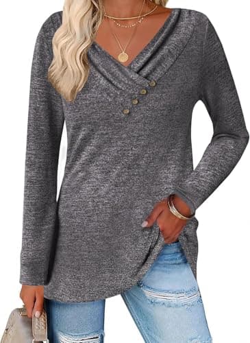 ALPSWARE Tunic Shirt Long Sleeve Basic Top V Neck Tunics Tshirt for Women 2025 Fall Dark Grey S