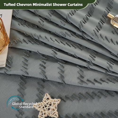 Siiluminisoy Extra Long Grey Boho Shower Curtain with Tassel, Woven Fabric 96 in Shower Curtain, Tufted Chevron Striped, 72 x 96, Modern Chic Textured Minimalist Bathroom Shower - Thumbnail 2