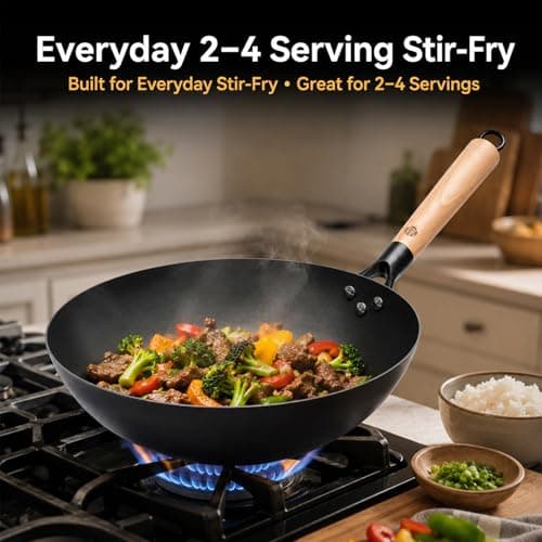 WANGYUANJI 12.6 Inch Carbon Steel Wok Pan with Glass Lid and Spatula, Nitrided Flat Bottom Stir Fry Pan, Uncoated Chinese Iron Wok for Gas, Electric, Ceramic and Induction Cooktops - Thumbnail 3