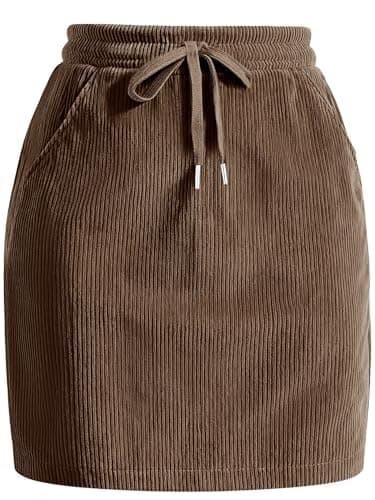 Casly Lamiit Womens Mini Skirt Winter Corduroy High Waisted Fashion Lounge Drawstring Dressy Casual Skirts with Pockets 2025 Brown L - Image 1