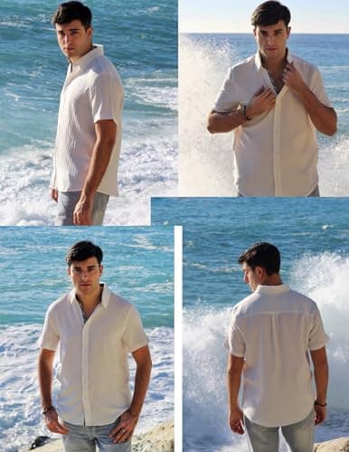 PJ PAUL JONES Men's Button Down Short Sleeve Shirt Casual Summer Beach Textured Wedding Shirts White - Thumbnail 4