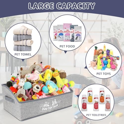COSOWO Foldable Pet Toy Storage Box with 3 Handles, Portable Organizer Basket for Dog Toys, Blankets & Accessories, White Dogs - Thumbnail 3
