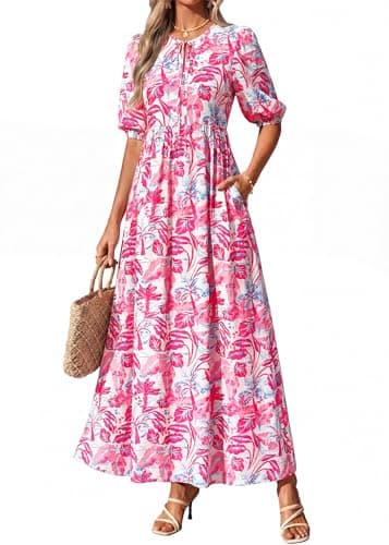 KIRUNDO Spring Dresses for Women 2026 Summer Wedding Guest Boho Floral 3/4 Sleeve Beach Vacation Cruise Flowy Maxi Dress(Red, Large) - Thumbnail 4