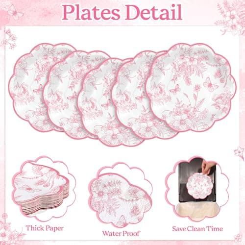NatNarr 30 Pcs Pink Floral Paper Plates, 7 inch Tea Party Plates Vintage Flower Toile Plate Pink and White Dessert Plate Disposable for Baby Bridal Shower Birthday - Thumbnail 4