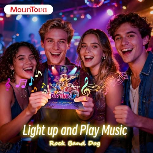 mountova Birthday Card, Funny Birthday Cards for Men Women Kids, Exquisite MUSICAL & SHAKING & LIGHTING Rock Band Dog Pop-up Greeting Card Gifts with Envelope, 6.1 x 6.1 Inch - Thumbnail 2