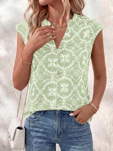 BTFBM Boho Tops for Women Summer Outfits Eyelet Embroidered Sleeveless Button Down Shirts Beach Vacation Clothes 2026(Light Green, X-Large) - Thumbnail 6